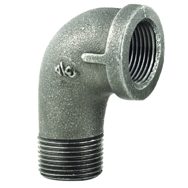 A black T&S gas appliance elbow connector with a threaded end.