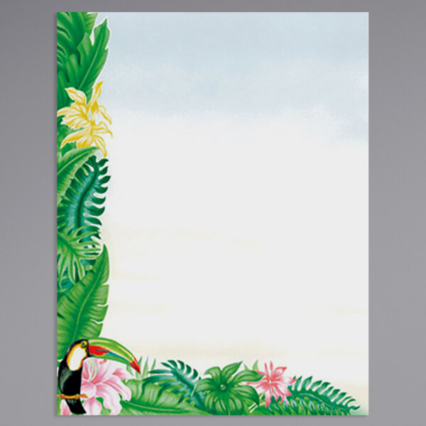 White 8 1/2" x 11" menu paper with a toucan and tropical flowers.
