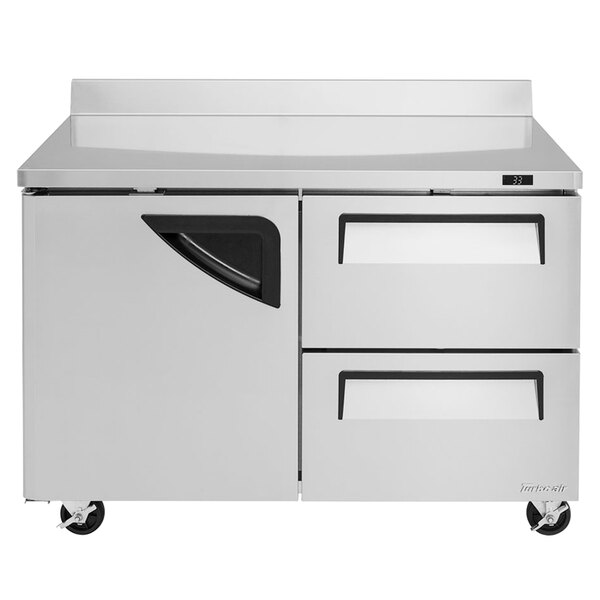 A stainless steel Turbo Air worktop refrigerator with one door and two drawers.