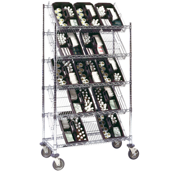 A Metro slanted shelf rack with several baskets on it.
