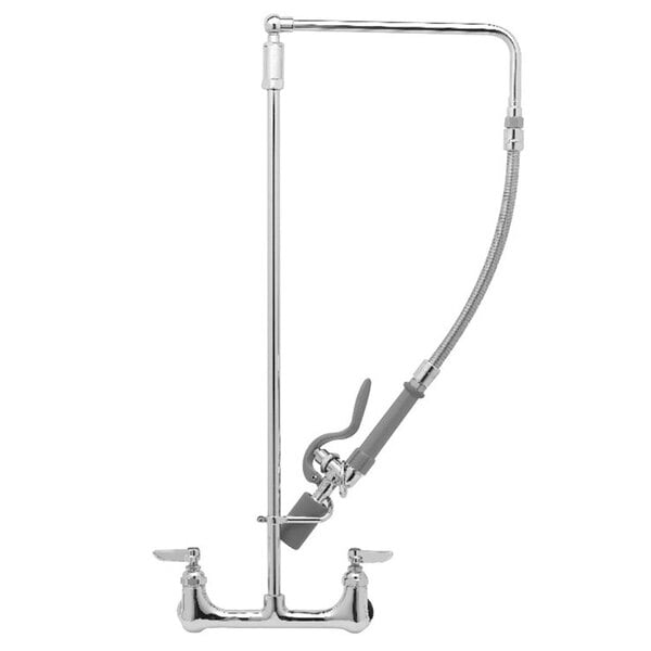 A T&S chrome wall-mounted pre-rinse faucet with a swivel arm, handle, and hose.