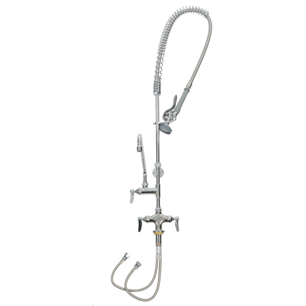 T&S B2338 Deck Mounted 40 1/4" High PreRinse Faucet with Flex Inlets, 44" Hose, 12" AddOn