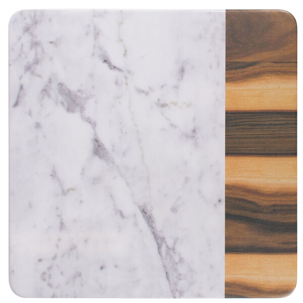 An Elite Global Solutions faux hickory wood and Carrara marble square serving board with a wooden handle.