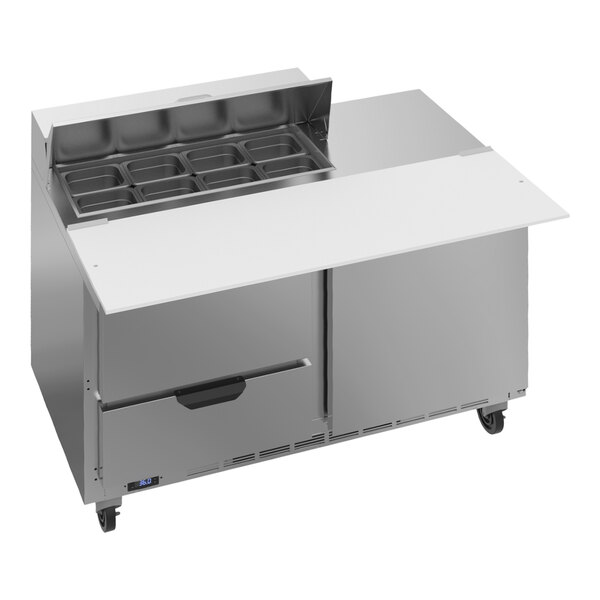 A Beverage-Air refrigerated sandwich prep table with a stainless steel cutting top and two drawers.