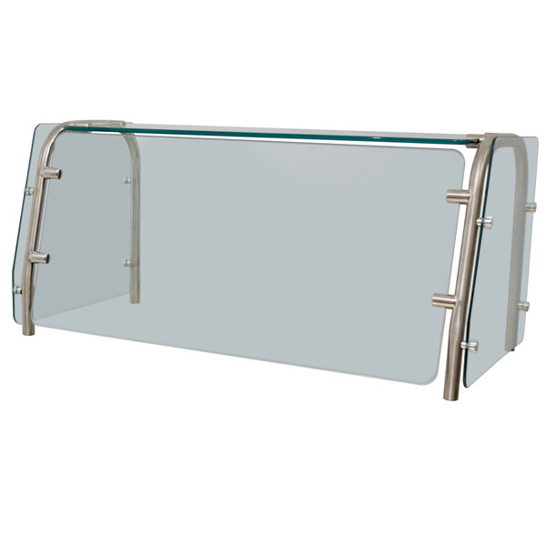 An Advance Tabco cafeteria food shield with a glass top and metal frame.