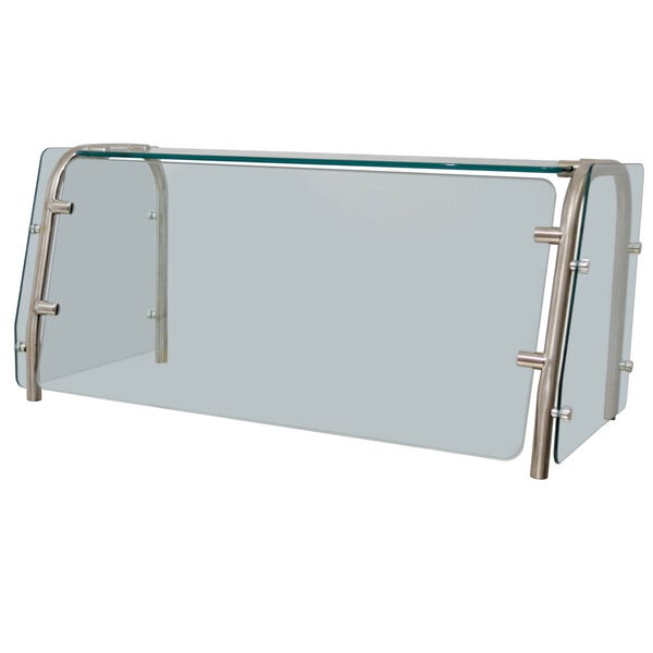 An Advance Tabco single tier cafeteria food shield with glass and metal shelves.