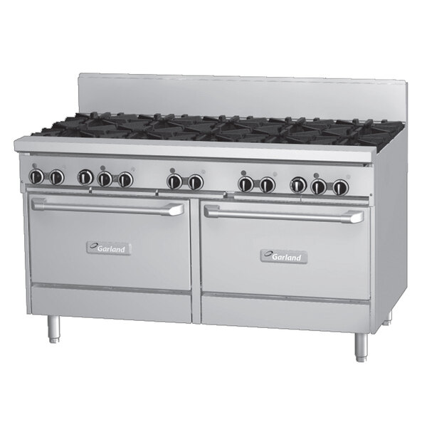 A large stainless steel Garland natural gas range with 8 burners, a griddle, and 2 ovens.