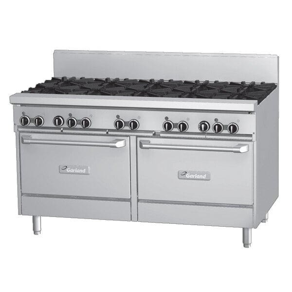 A large stainless steel Garland commercial gas range with 8 burners, a griddle, and 2 ovens.