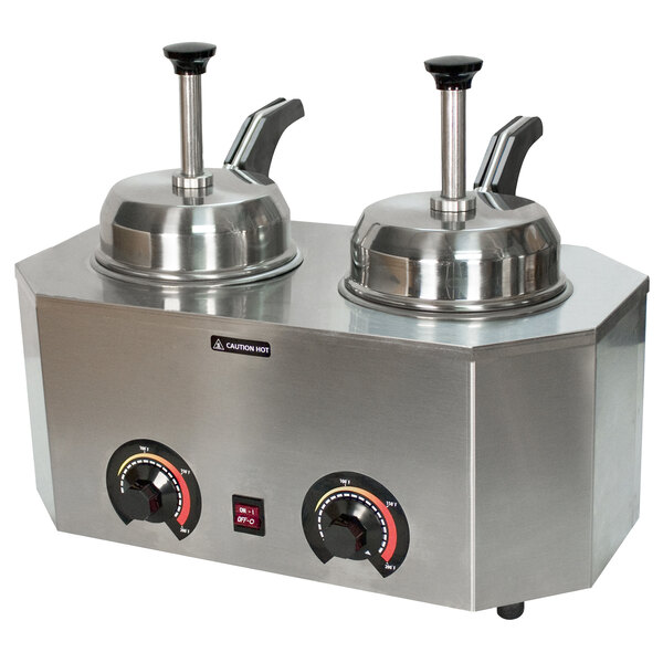 A Paragon Pro-Deluxe Dual condiment warmer on a counter with two heated spouts.