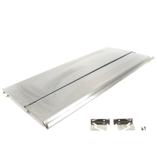 A stainless steel Delfield cover with metal hinges and screws.