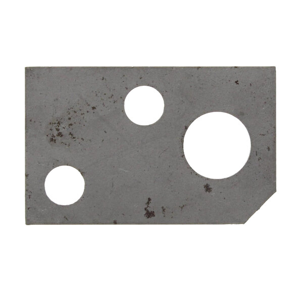 A grey metal rectangular plate with two holes in it.