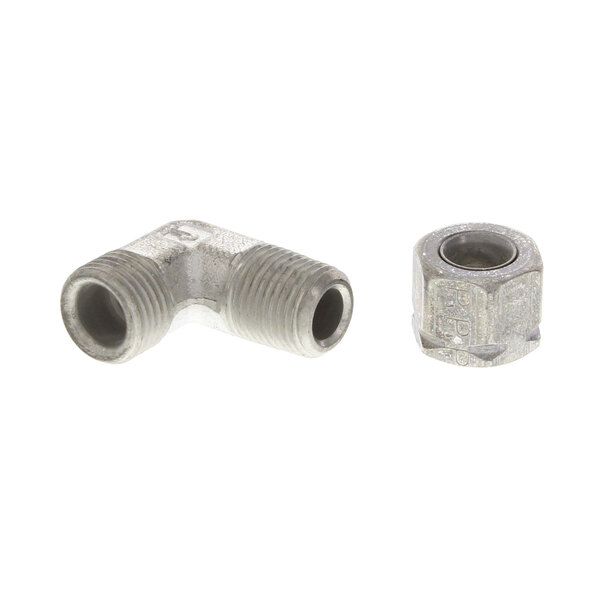 Two metal pipe fittings with one on top of the other.