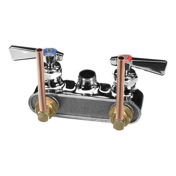 A chrome Glastender faucet base with two brass handles.
