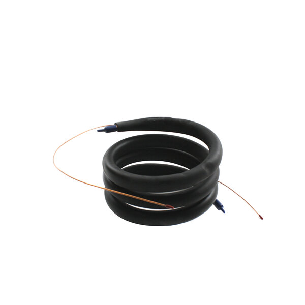 A black coil of cable with blue and orange wires.