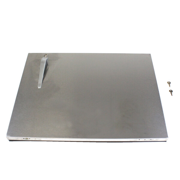 A silver rectangular Traulsen door handle with screws.