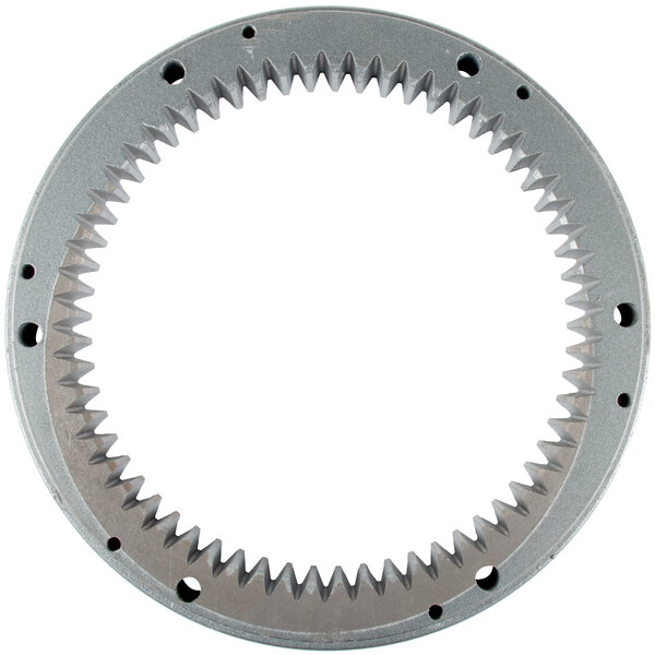 A circular metal gear ring with many holes.