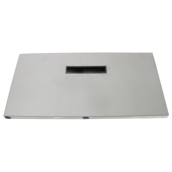 A white metal rectangular tray with a rectangular hole on a white surface.