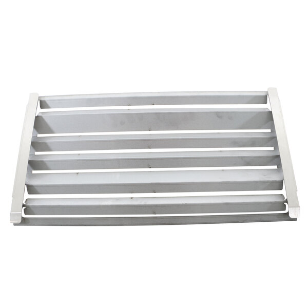 A white metal shelf with four slats.