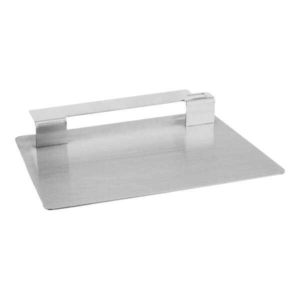 A silver rectangular stainless steel splash guard with a handle on it.