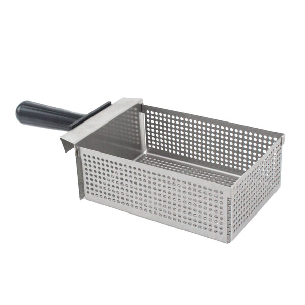 A metal basket with a handle and holes.