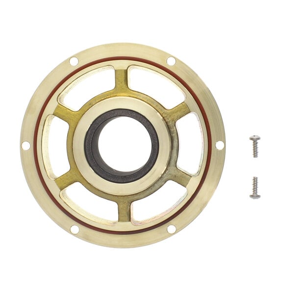 A gold circular bearing housing with screws and nuts.
