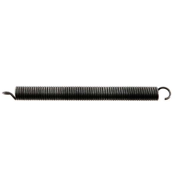 A black coil spring with a metal hook on one end.
