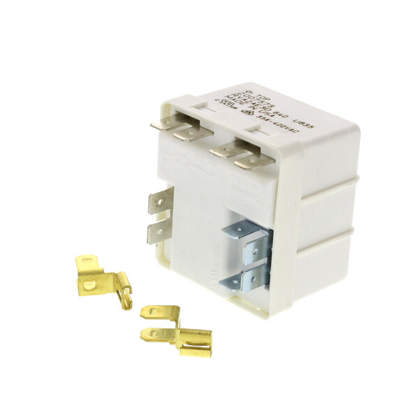A white Manitowoc Ice start relay with metal parts and a wire.