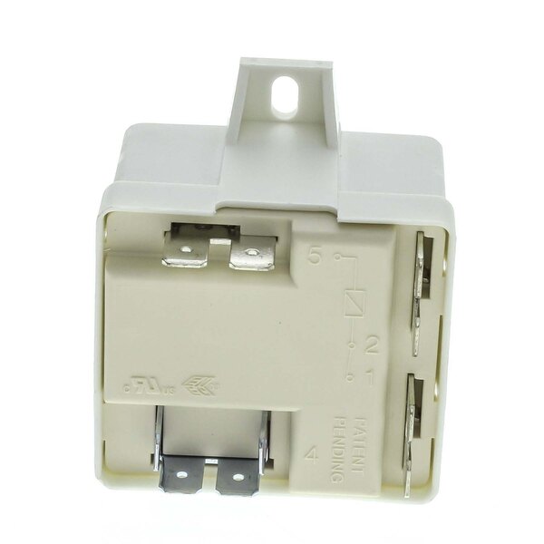A white electrical device with metal connectors and a small metal plate inside.