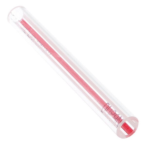A close-up of a clear glass tube with red and pink accents.