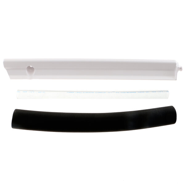 A white and black plastic tube with a black handle.