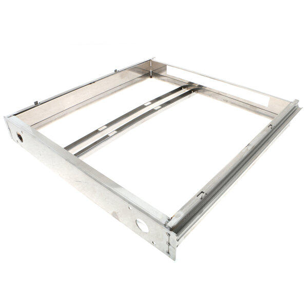 A white metal Delfield replacement door frame with two metal bars on it and holes.