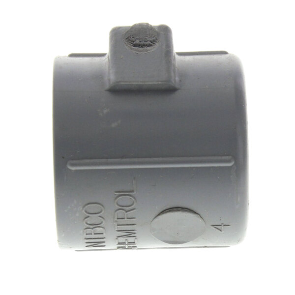 A grey plastic pipe fitting with a hole.