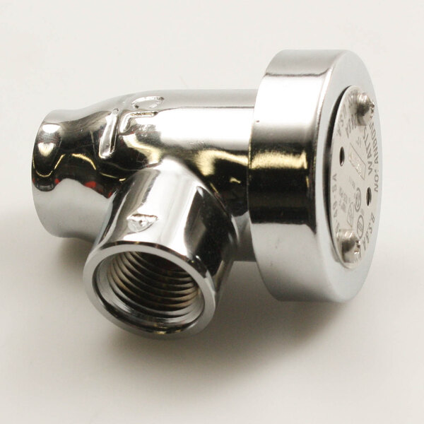 A chrome plated metal pipe with a nozzle and nut.