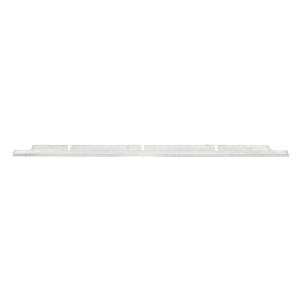 A white wooden shelf with a metal bar on it.
