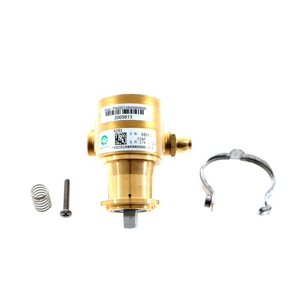 A brass Multiplex circulating pump pressure valve with a spring.