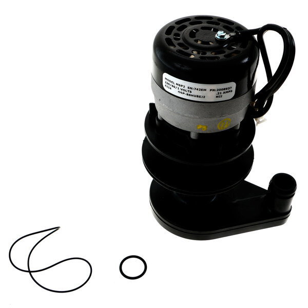 A black Manitowoc Ice water pump with a rubber seal and rubber ring on an electric motor.