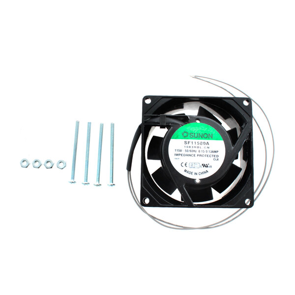 A green Blodgett axial fan with wires and screws.