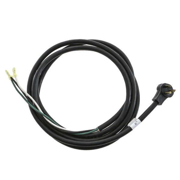 A black Delfield cord plug with white and green wires.