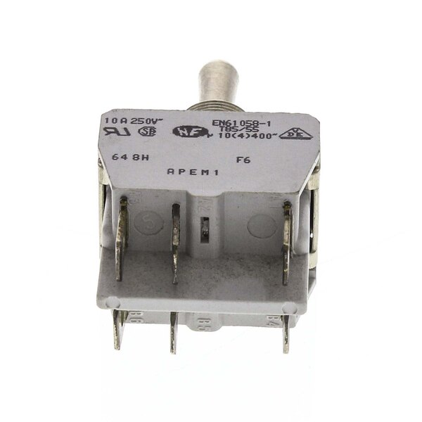 A close-up of a Blakeslee toggle switch with two wires.