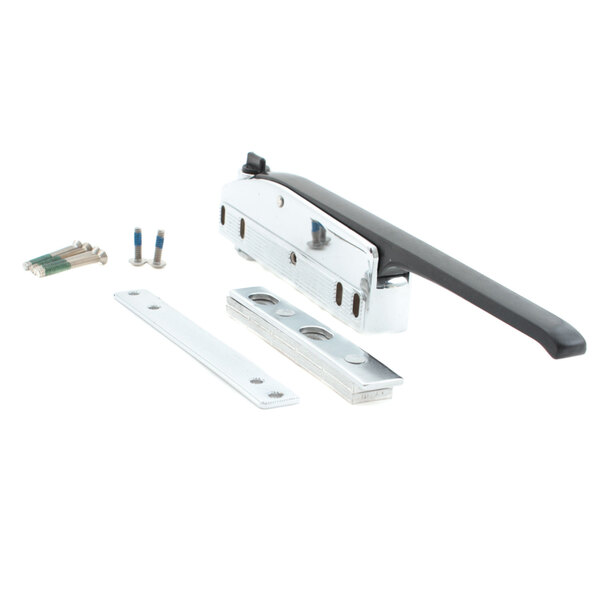 A metal and plastic latch and handle kit for a Cres Cor door.