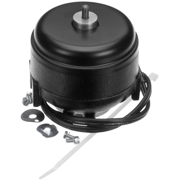 A black round motor with a screw and a wire.