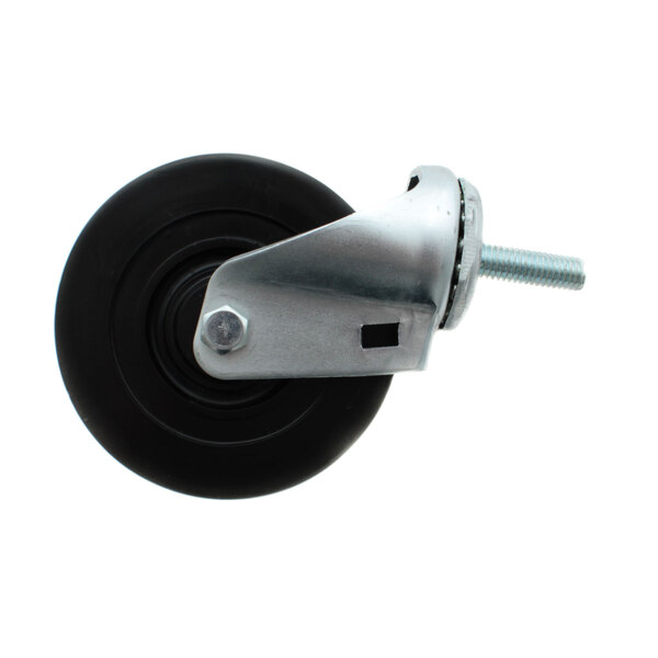 A black and silver Vollrath caster wheel with a metal screw handle.
