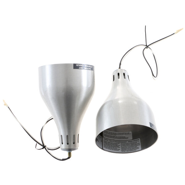 A pair of silver Hatco LW-IR lamps with wires attached.