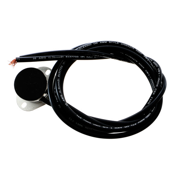 A black cable with a black plug and a white plug connected to a black wire with a round black object.