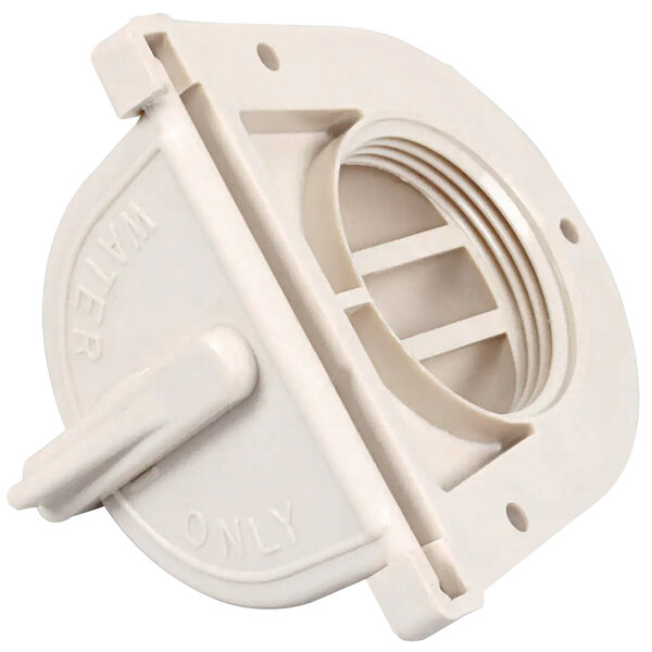 A white plastic APW Wyott water fill valve with a hole.