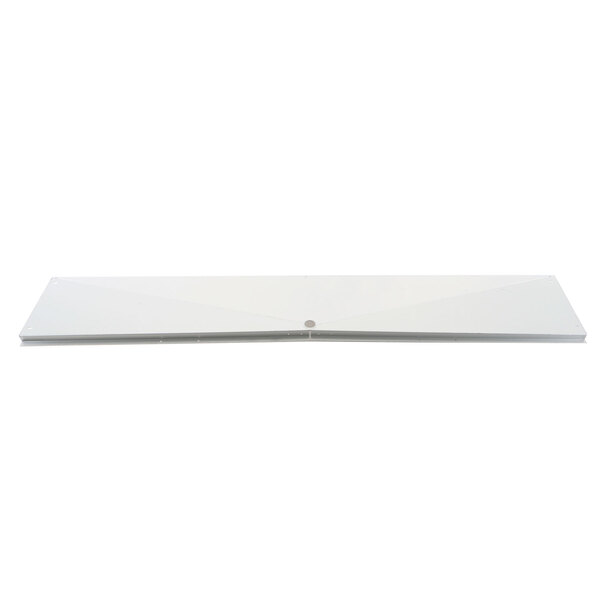 A white rectangular metal drain pan with a hole in the middle.