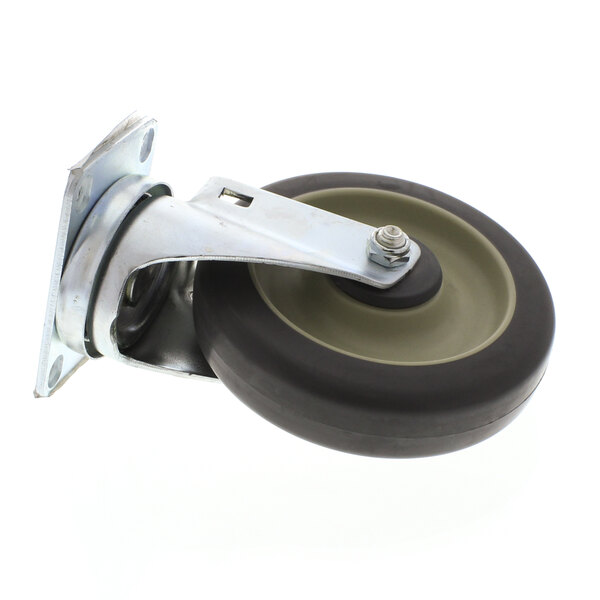 A grey and black Tri-Star caster wheel with a metal plate.