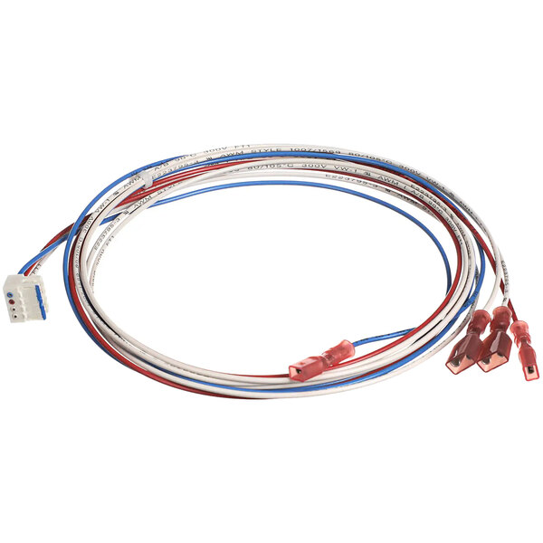 A white wire harness with blue and red wires connected to a close-up of a wire.