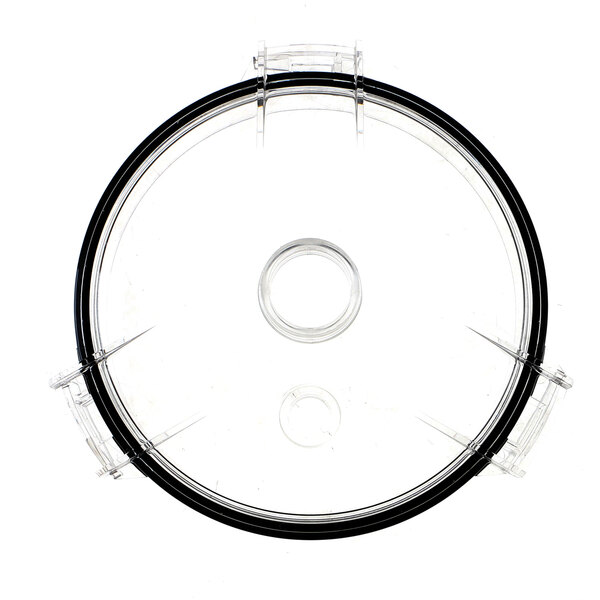 A clear plastic lid with a black ring.