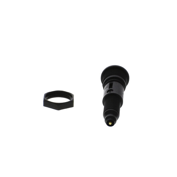 A black plastic connector with a metal ring and nut.
